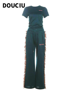 DOUCIU Women'S Letter Embroidery Fringe Trim Fleece Sweatpants Set, Casual Street Short Sleeve T-Shirt & Tie Front Trousers for Daily Wear, Ladies Summer Clothes