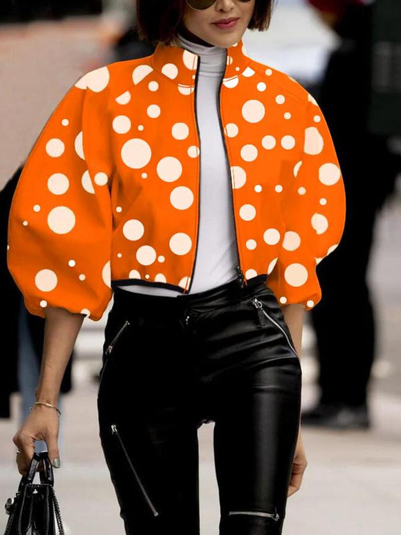 Women'S All over Print Zip up Mock Neck Jacket, Fashion Casual Lantern Sleeve Outerwear for Daily Outdoor Wear, Women Clothing for Spring Fall