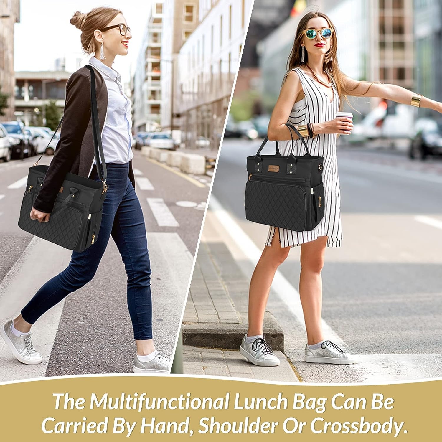 Large Insulated Lunch Bag for Work, Women'S Nylon Thermal Lunch Box, Leakproof Cooler Tote Bag with Storage Pocket (Black)