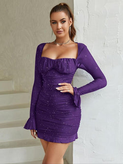 Women'S Glitter Contrast Mesh Long Sleeve Ruched Mini Bodycon Dress, Lady Comfort Casual Elegant Square Neck Lettuce Trim Tight Dresses for Party Dinner Holiday, Party Dress, Birthday Dress for Women Casual