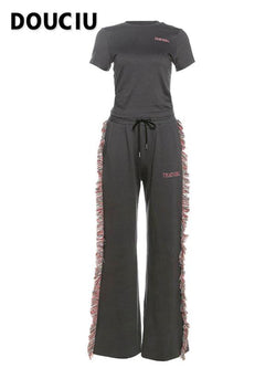 DOUCIU Women'S Letter Embroidery Fringe Trim Fleece Sweatpants Set, Casual Street Short Sleeve T-Shirt & Tie Front Trousers for Daily Wear, Ladies Summer Clothes