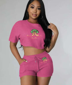 Women Clothing Casual Solid Color Jogger Biker Short Set Crop Top Two Piece Sets