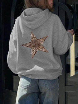 Chic Women's Leopard Star Print Hoodie - Casual Drop Shoulder Sweatshirt with Drawstring Pocket for Fall & Winter Adventures