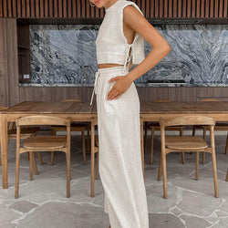 Summer Padded Shoulder Sleeveless Top Trousers Two Piece Set Casual Cotton Linen Suit Women Clothing