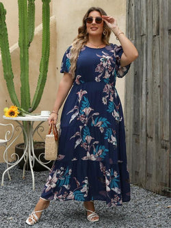 Women'S Ditsy Floral Print a Line Dress, Boho Fashion Casual plus Size Short Sleeve Dress for Daily Wear, Women Clothing, Womenswear, Summer Boho Clothes Women