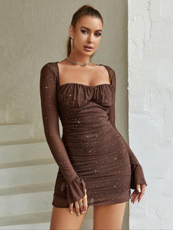 Women'S Glitter Contrast Mesh Long Sleeve Ruched Mini Bodycon Dress, Lady Comfort Casual Elegant Square Neck Lettuce Trim Tight Dresses for Party Dinner Holiday, Party Dress, Birthday Dress for Women Casual