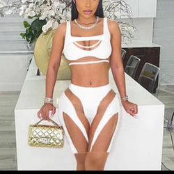 Djwin Sexy Sleeveless Mesh See through Crop Tank Top Shorts Set Womenswear.