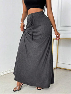 Plus Size Elegant A-Line Skirt with Drawstring Waist - Stylish Casual Long Skirt for All Seasons