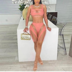 Djwin Sexy Sleeveless Mesh See through Crop Tank Top Shorts Set Womenswear.