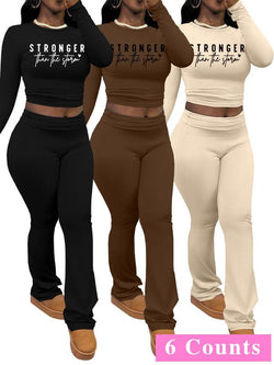 Chic Women's Letter Print Long Sleeve Crop Top & Leggings Set - Cozy Casual Outfit for Spring & Fall Outdoor Adventures