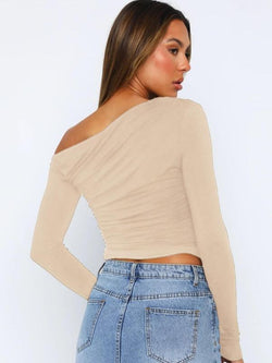 Women'S Plain Ruched Asymmetrical Neck Crop Tee, Elegant Top, Fashion Long Sleeve T-Shirt for Daily Outdoor Wear, Women Clothing for Fall & Winter
