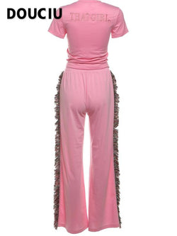 DOUCIU Women'S Letter Embroidery Fringe Trim Fleece Sweatpants Set, Casual Street Short Sleeve T-Shirt & Tie Front Trousers for Daily Wear, Ladies Summer Clothes