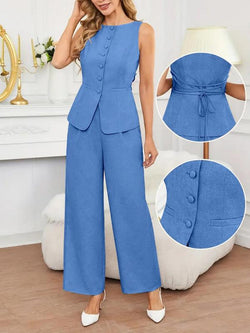Chic Women's Solid Color Button Front Vest & Wide Leg Pants - Elegant Summer Casual Outfit for Every Occasion