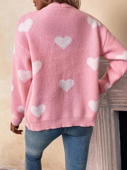 Women'S Heart Print Button Front Drop Shoulder Cardigan, Casual Long Sleeve V Neck Knitwear for Fall & Winter, Women Clothing