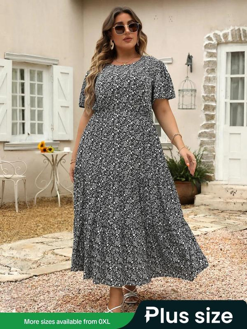 Women'S Ditsy Floral Print a Line Dress, Boho Fashion Casual plus Size Short Sleeve Dress for Daily Wear, Women Clothing, Womenswear, Summer Boho Clothes Women