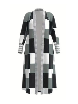 Women'S Geometric Print Drop Shoulder Coat, Fashion Open Front Long Coat, Women Clothing for Spring Fall
