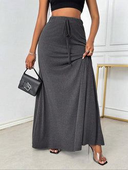 Plus Size Elegant A-Line Skirt with Drawstring Waist - Stylish Casual Long Skirt for All Seasons
