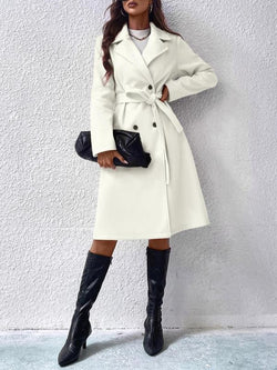Women'S Thin Solid Button Front Belted Overcoat, Elegant Fashion Casual Pocket Coat for Daily Outdoor Wear, Women Clothing for Spring & Fall