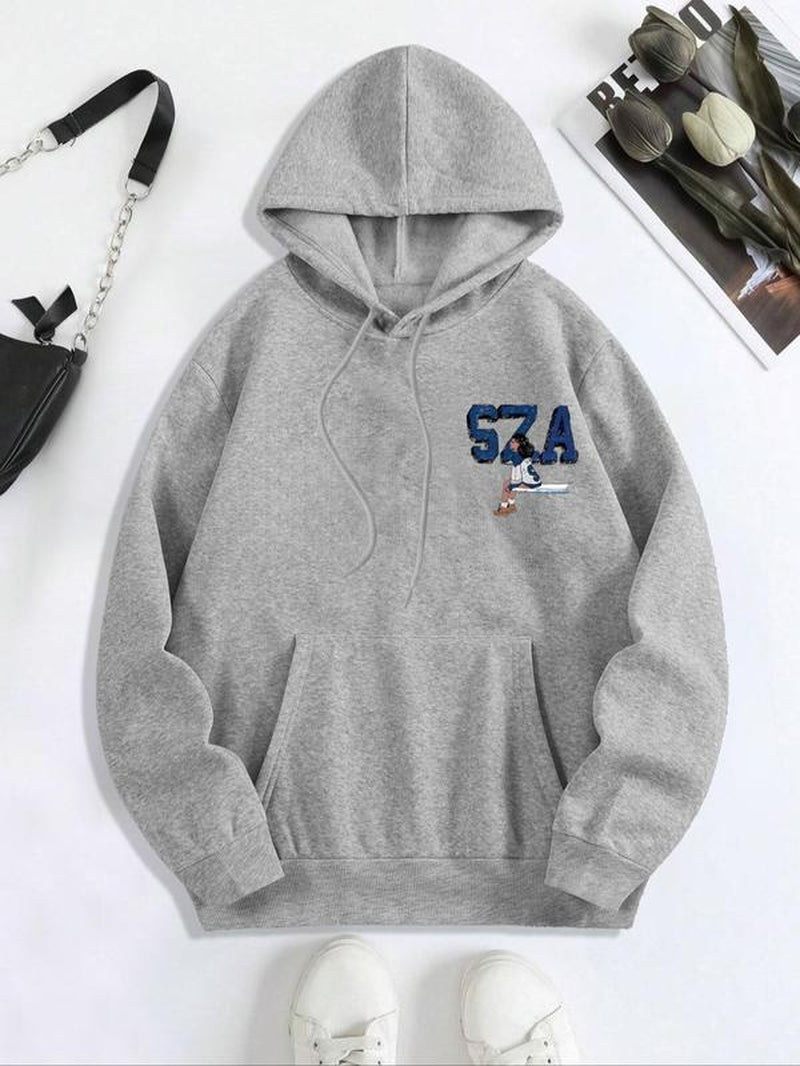 Women'S Letter & Characters Print Drop Shoulder Drawstring Pocket Hoodie, Fashion Casual Hooded Sweatshirt for Daily Wear, Women Clothing for Fall & Winter
