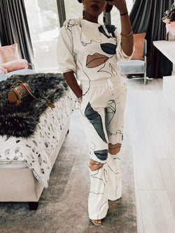 Chic Two-Piece Women's Figure Print Co-Ord Set - Casual Pullover Top & Drawstring Pocket Pants for Spring & Fall