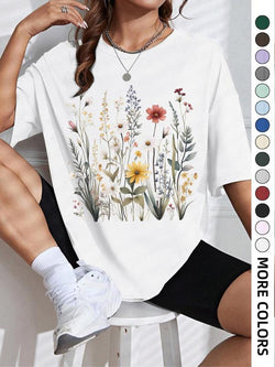 Women'S Floral Print round Neck Tee, Casual Drop Shoulder Short Sleeve T-Shirt, Ladies Summer Clothes, Tops for Women, Clothing