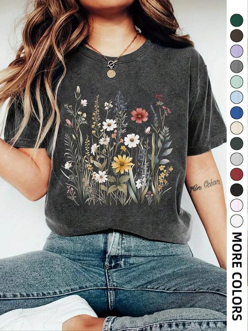 Women'S Floral Print round Neck Tee, Casual Drop Shoulder Short Sleeve T-Shirt, Ladies Summer Clothes, Tops for Women, Clothing