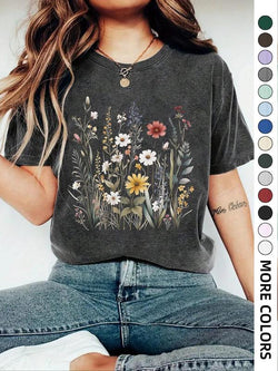 Women'S Floral Print round Neck Tee, Casual Drop Shoulder Short Sleeve T-Shirt, Ladies Summer Clothes, Tops for Women, Clothing