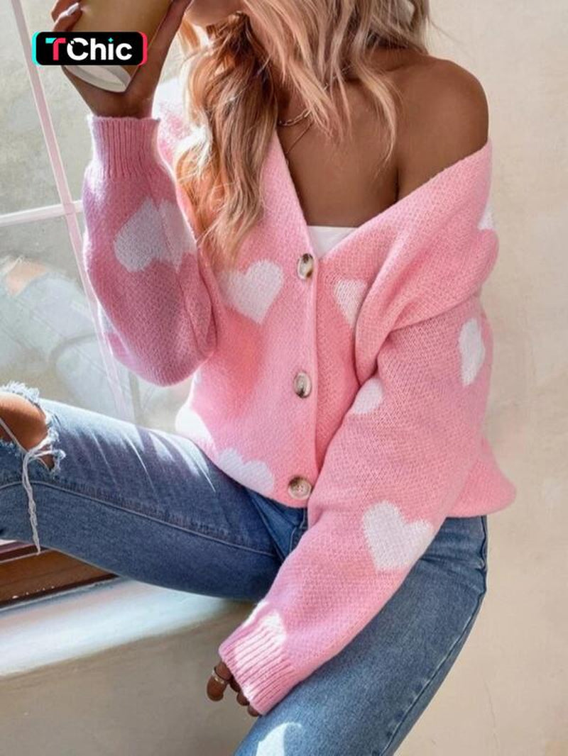 Women'S Heart Print Button Front Drop Shoulder Cardigan, Casual Long Sleeve V Neck Knitwear for Fall & Winter, Women Clothing