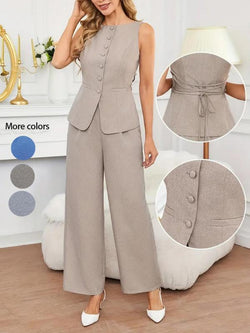 Chic Women's Solid Color Button Front Vest & Wide Leg Pants - Elegant Summer Casual Outfit for Every Occasion
