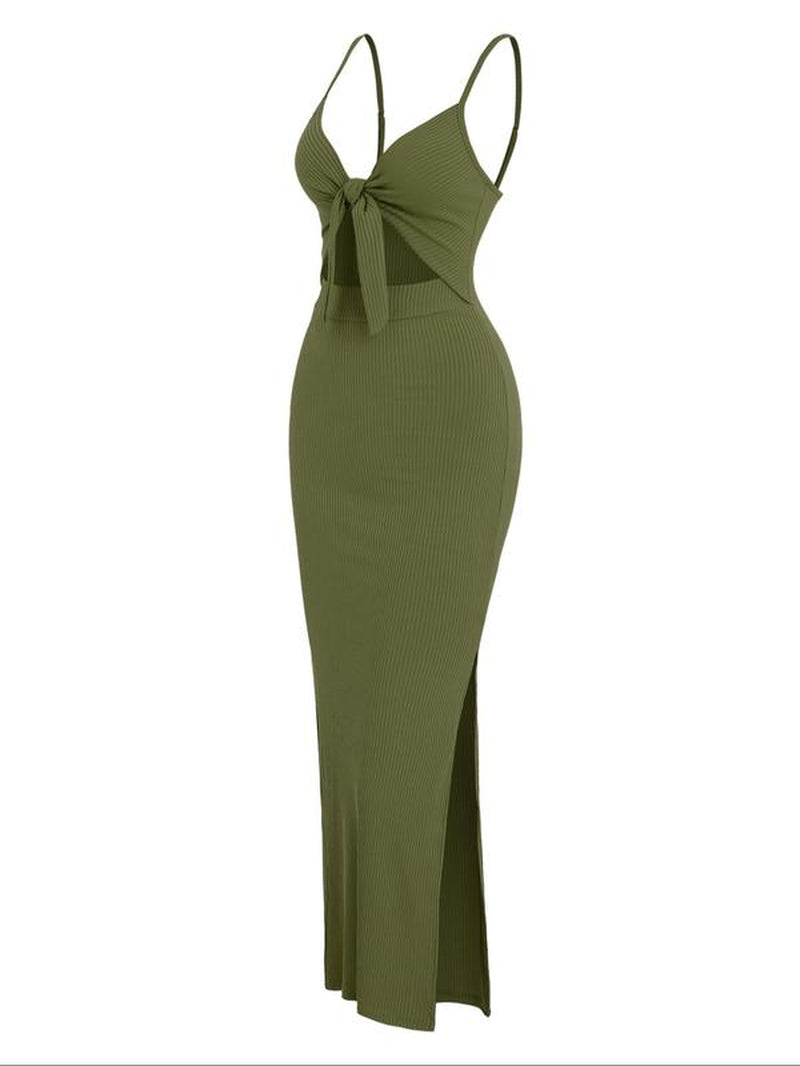 Plus Size Solid Color Cut Out Cami Knitted Bodycon Dress - Stylish Ribbed Long Dress for All Seasons and Casual Outdoor Wear