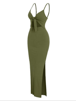 Plus Size Solid Color Cut Out Cami Knitted Bodycon Dress - Stylish Ribbed Long Dress for All Seasons and Casual Outdoor Wear
