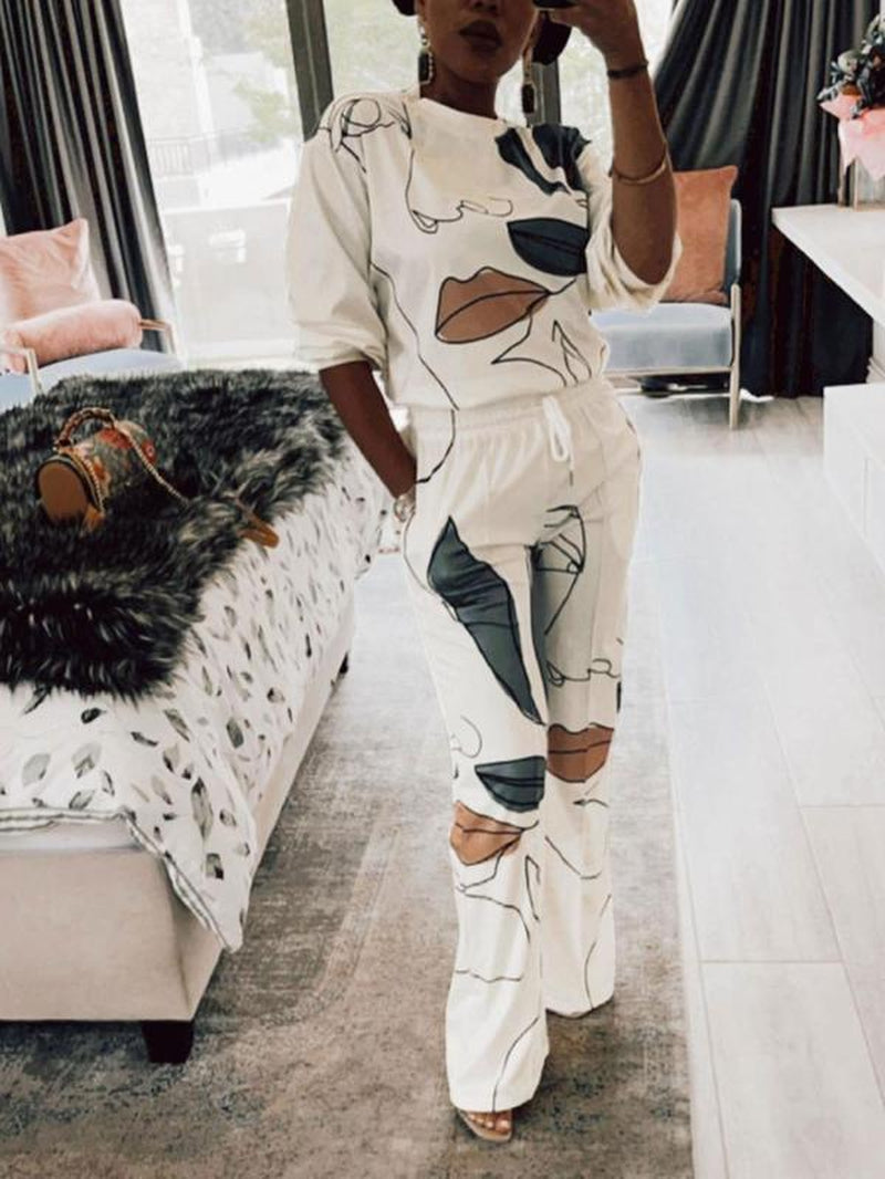 Chic Two-Piece Women's Figure Print Co-Ord Set - Casual Pullover Top & Drawstring Pocket Pants for Spring & Fall