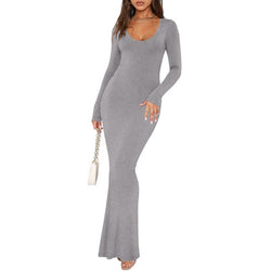 REORIA Tiktokshopbacktoschool Mother'S Day Gift Women'S Sexy Scoop Neck Long Sleeve Lounge Long Dress Summer Outdoorfun Ribbed Bodycon Maxi Dresses Fall Winter Layer Casual Fabric