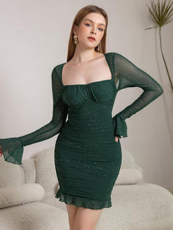 Women'S Glitter Contrast Mesh Long Sleeve Ruched Mini Bodycon Dress, Lady Comfort Casual Elegant Square Neck Lettuce Trim Tight Dresses for Party Dinner Holiday, Party Dress, Birthday Dress for Women Casual