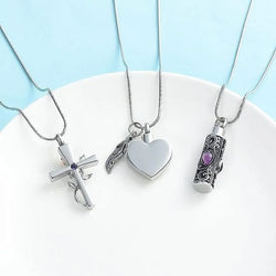 Cylinder Cross Heart Memorial Urn Necklace, Stainless Steel, 3 Pieces Set