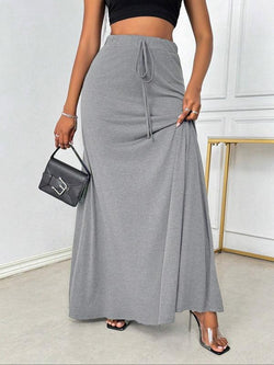 Plus Size Elegant A-Line Skirt with Drawstring Waist - Stylish Casual Long Skirt for All Seasons