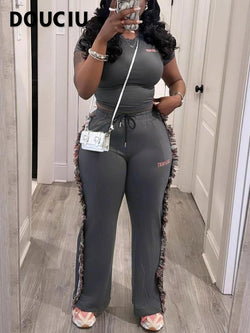 DOUCIU Women'S Letter Embroidery Fringe Trim Fleece Sweatpants Set, Casual Street Short Sleeve T-Shirt & Tie Front Trousers for Daily Wear, Ladies Summer Clothes