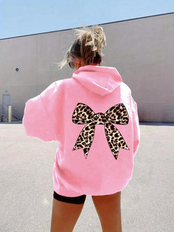 Leopard Print Bowknot Thermal Hoodie - Stylish Casual Sweatshirt with Drawstring Pocket for Fall & Winter Outdoor Wear