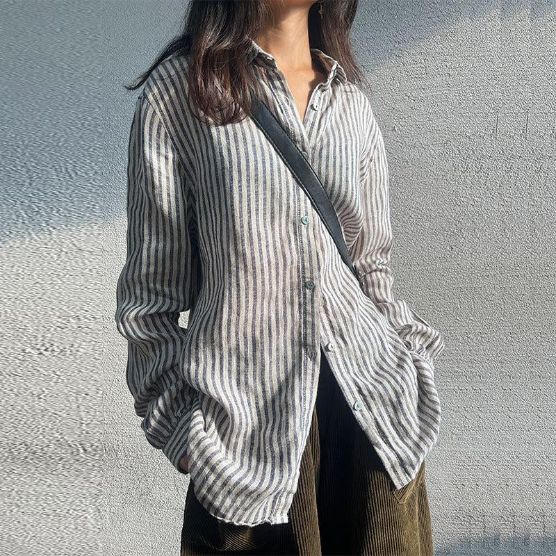 Non Printed Linen Striped Shirt Women Pring Autumn Bandage Dress Long Sleeved Cardigan Niche Casual Shirt Cotton Linen Women Clothing