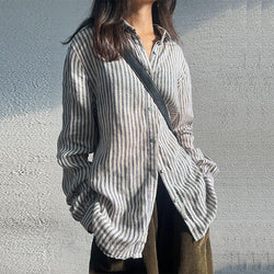 Non Printed Linen Striped Shirt Women Pring Autumn Bandage Dress Long Sleeved Cardigan Niche Casual Shirt Cotton Linen Women Clothing