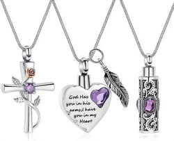 Cylinder Cross Heart Memorial Urn Necklace, Stainless Steel, 3 Pieces Set