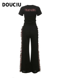 DOUCIU Women'S Letter Embroidery Fringe Trim Fleece Sweatpants Set, Casual Street Short Sleeve T-Shirt & Tie Front Trousers for Daily Wear, Ladies Summer Clothes