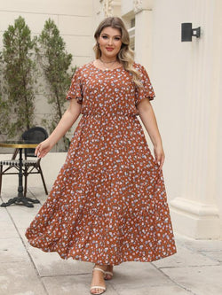 Women'S Ditsy Floral Print a Line Dress, Boho Fashion Casual plus Size Short Sleeve Dress for Daily Wear, Women Clothing, Womenswear, Summer Boho Clothes Women