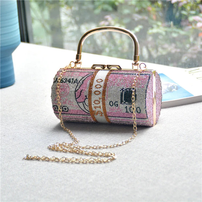 Money Clutch purse Dollar painting Crystal Diamond Evening bag