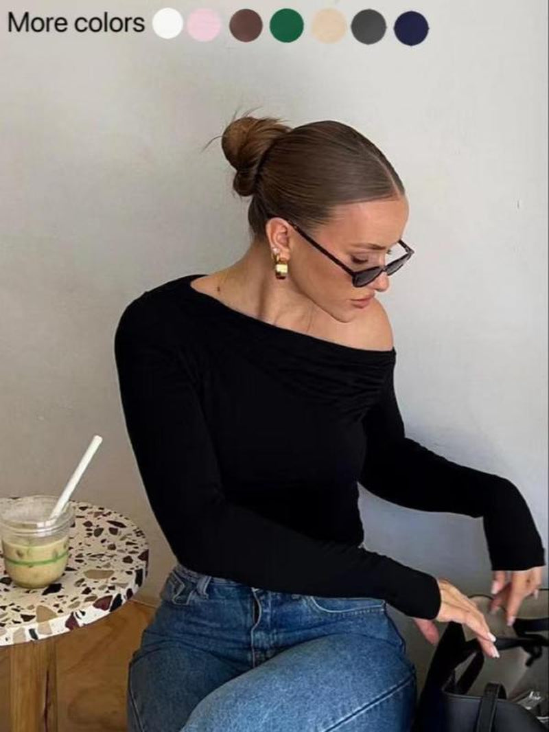 Women'S Plain Ruched Asymmetrical Neck Crop Tee, Elegant Top, Fashion Long Sleeve T-Shirt for Daily Outdoor Wear, Women Clothing for Fall & Winter