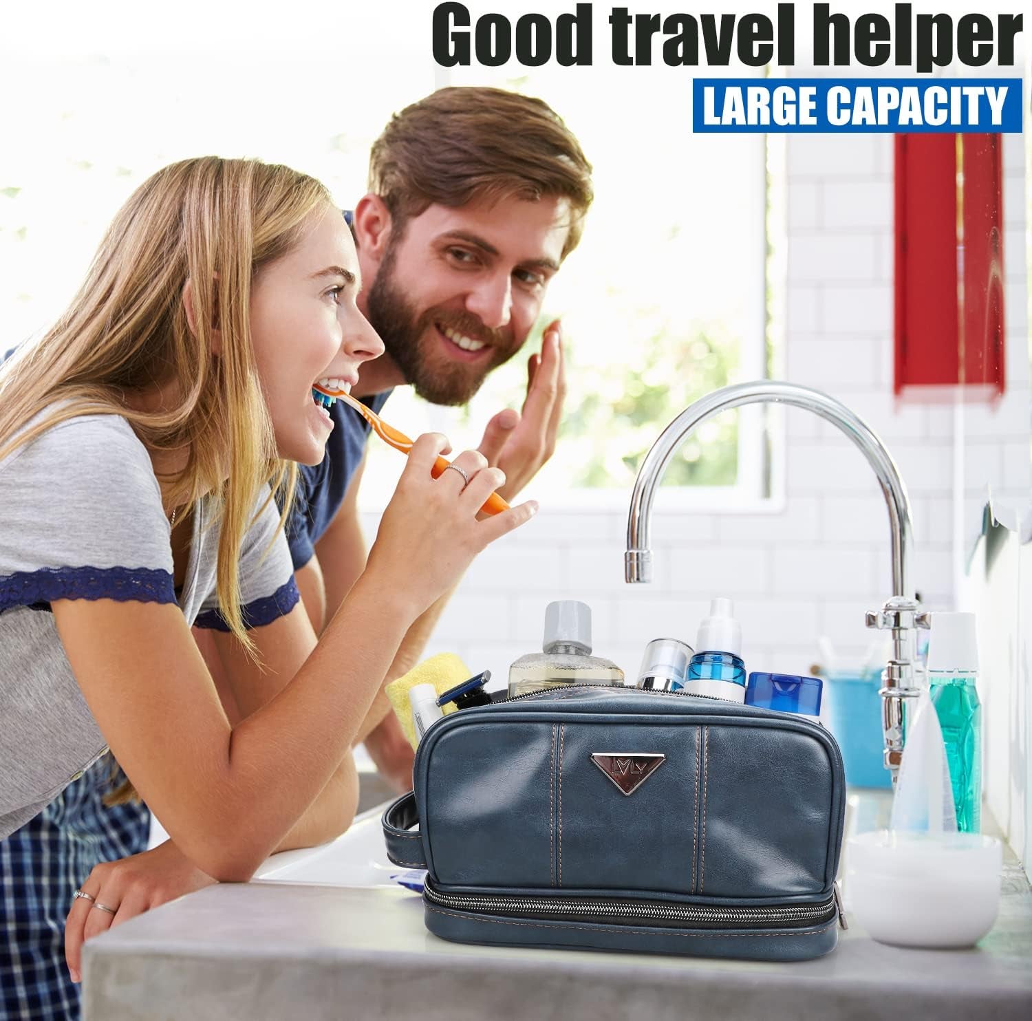 Men'S Toiletry Bag, Travel Toiletry Bag for Men, Large Leather Dopp Kit for Men, Shaving Bag for Travel Accessories, Largemens Toiletries Bathroom Organizer, Shaving Kit, Dopp Kit(Blue)