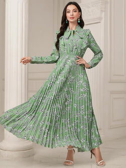 Women'S Floral Print Tie Neck Long Sleeve Vintage A-Line Dress, Summer Clothes Women, Elegant Flared Long Maxi Dresses for Spring & Fall, Women Clothing