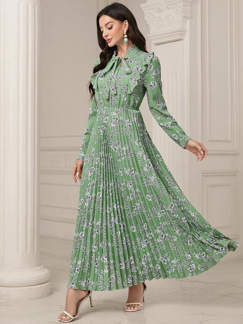 Women'S Floral Print Tie Neck Long Sleeve Vintage A-Line Dress, Summer Clothes Women, Elegant Flared Long Maxi Dresses for Spring & Fall, Women Clothing