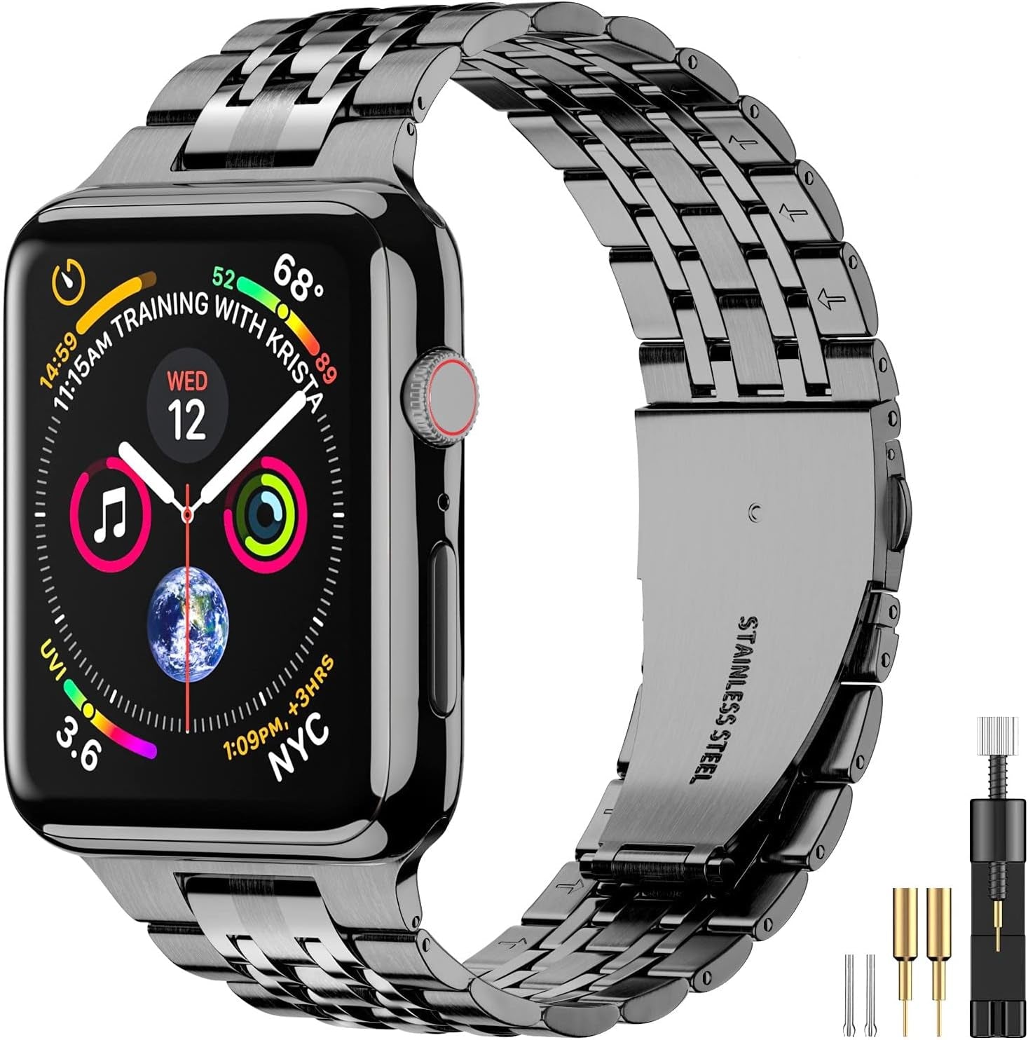 Metal Band Compatible with Apple Watch Band 42Mm 44Mm 45Mm, Solid Stainless Steel Replacement Strap Wristbands for Iwatch Apple Watch Series 9 8 7 6 5 4 3 2 1 SE Woman Men Space Grey