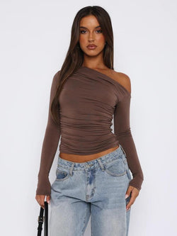 Women'S Plain Ruched Asymmetrical Neck Crop Tee, Elegant Top, Fashion Long Sleeve T-Shirt for Daily Outdoor Wear, Women Clothing for Fall & Winter
